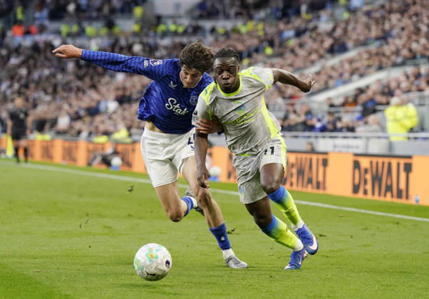 Liverpool, England, 4th May 2026. Merlin Röhl of Everton tackles Jeremy Doku of Manchester City during the Everton vs Manchester City Premier League match at Hill Dickinson Stadium, Liverpool. Picture credit should read: Andrew Yates Sportimage EDITORIAL USE ONLY. No use with unauthorised audio, video, data, fixture lists, club league logos or live services. Online in-match use limited to 120 images, no video emulation. No use in betting, games or single club league player publications. SPI_018_AY_Everton_Man_City SPI-4779-0018