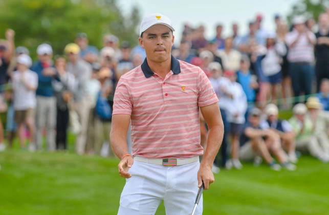 Friday September 29, 2017: Rickie Fowler of the United States reacts after sinking a putt on the 3rd hole during the second round of the Presidents Cup at Liberty National Golf Course in Jersey City, New Jersey. Gregory Vasil CSM Copyright: xGregoryxVasilx