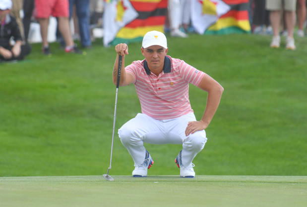 Friday September 29, 2017: Rickie Fowler of the United States looks over a putt on the 3rd hole during the second round of the Presidents Cup at Liberty National Golf Course in Jersey City, New Jersey. Gregory Vasil CSM Copyright: xGregoryxVasilx