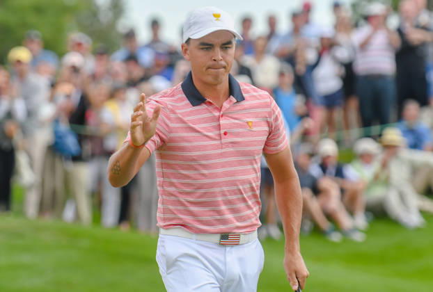 Friday September 29, 2017: Rickie Fowler of the United States acknowledges the crowd after sinking a putt on the 3rd hole during the second round of the Presidents Cup at Liberty National Golf Course in Jersey City, New Jersey. Gregory Vasil CSM Copyright: xGregoryxVasilx