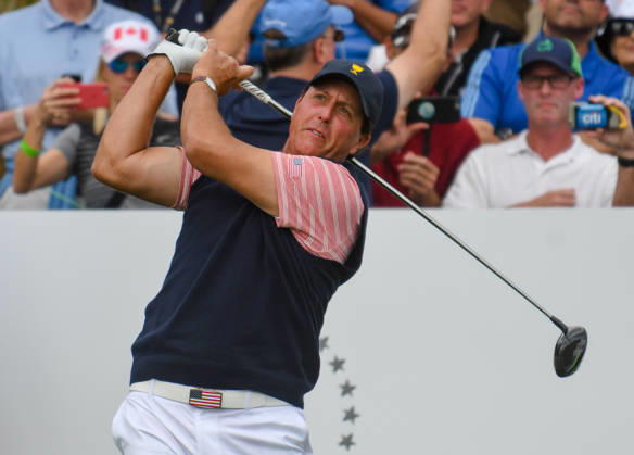 Friday September 29, 2017: Phil Mickelson of the United States watches his tee shot on the 4th hole during the second round of the Presidents Cup at Liberty National Golf Course in Jersey City, New Jersey. Gregory Vasil CSM Copyright: xGregoryxVasilx