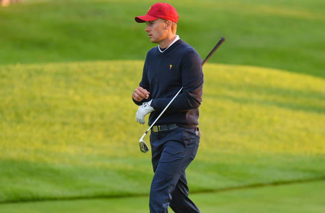 Saturday September 30, 2017: Jordan Spieth of the United States walks to the green on the first hole during the third round of the Presidents Cup at Liberty National Golf Course in Jersey City, New Jersey. Gregory Vasil CSM Copyright: xGregoryxVasilx
