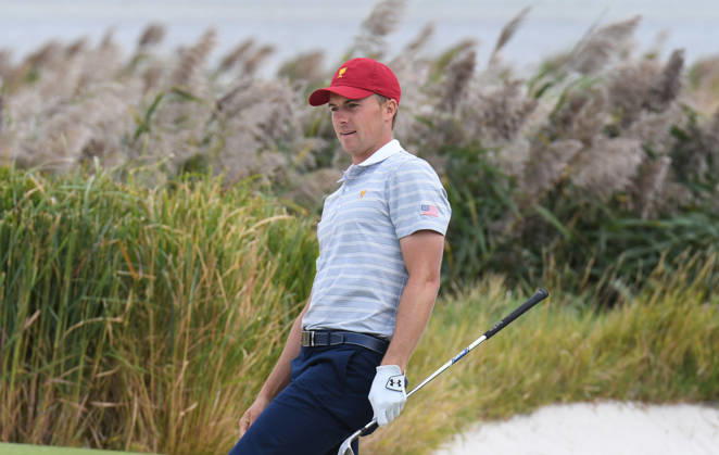 Saturday September 30, 2017: Jordan Spieth of the United States reacts after a shot out of the sand on the 10th hole during the fourth round of the Presidents Cup at Liberty National Golf Course in Jersey City, New Jersey. Gregory Vasil CSM Copyright: xGregoryxVasilx
