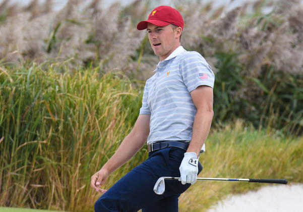 Saturday September 30, 2017: Jordan Spieth of the United States reacts after a shot out of the sand on the 10th hole during the fourth round of the Presidents Cup at Liberty National Golf Course in Jersey City, New Jersey. Gregory Vasil CSM Copyright: xGregoryxVasilx