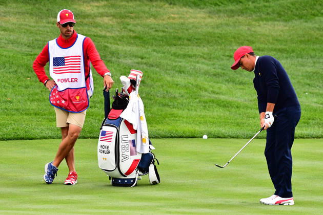 September 30, 2017 - Jersey City, New Jersey, U.S - Rickie Fowler of the US Team chips onto the 15th green during Saturday matches of the Presidents Cup at Liberty National Golf Club in Jersey City, NJ Copyright: xBrianxCianciox