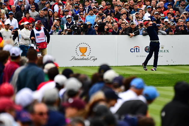September 30, 2017 - Jersey City, New Jersey, U.S - Rickie Fowler of the US Team tees off the 18th tee during Saturday matches of the Presidents Cup at Liberty National Golf Club in Jersey City, NJ Copyright: xBrianxCianciox