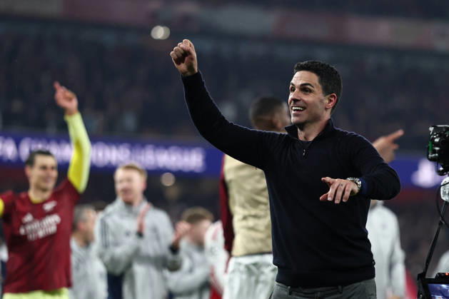 London, England, 5th May 2026. Mikel Arteta manager of Arsenal celebrates after the Arsenal vs Atletico Madrid UEFA Champions League match at the Emirates Stadium, London. Picture credit should read: David Klein Sportimage EDITORIAL USE ONLY. No use with unauthorised audio, video, data, fixture lists, club league logos or live services. Online in-match use limited to 120 images, no video emulation. No use in betting, games or single club league player publications. SPI_143_DK_Arsenal_Athletico_Madrid SPI-4781-0143