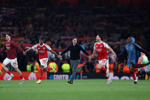 London, England, 5th May 2026. Mikel Arteta manager of Arsenal celebrates with Kai Havertz (L), Noni Madueke (2nd L), Declan Rice (2nd R) and Eberechi Eze of Arsenal after the Arsenal vs Atletico Madrid UEFA Champions League match at the Emirates Stadium, London. Picture credit should read: David Klein Sportimage EDITORIAL USE ONLY. No use with unauthorised audio, video, data, fixture lists, club league logos or live services. Online in-match use limited to 120 images, no video emulation. No use in betting, games or single club league player publications. SPI_144_DK_Arsenal_Athletico_Madrid SPI-4781-0144