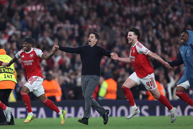 London, England, 5th May 2026. Mikel Arteta manager of Arsenal celebrates with Noni Madueke (L) and Declan Rice of Arsenal after the Arsenal vs Atletico Madrid UEFA Champions League match at the Emirates Stadium, London. Picture credit should read: David Klein Sportimage EDITORIAL USE ONLY. No use with unauthorised audio, video, data, fixture lists, club league logos or live services. Online in-match use limited to 120 images, no video emulation. No use in betting, games or single club league player publications. SPI_146_DK_Arsenal_Athletico_Madrid SPI-4781-0146