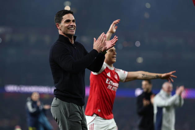 London, England, 5th May 2026. Mikel Arteta manager of Arsenal celebrates after the Arsenal vs Atletico Madrid UEFA Champions League match at the Emirates Stadium, London. Picture credit should read: David Klein Sportimage EDITORIAL USE ONLY. No use with unauthorised audio, video, data, fixture lists, club league logos or live services. Online in-match use limited to 120 images, no video emulation. No use in betting, games or single club league player publications. SPI_155_DK_Arsenal_Athletico_Madrid SPI-4781-0155