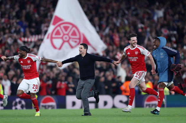 London, England, 5th May 2026. Mikel Arteta manager of Arsenal celebrates with Noni Madueke (L), Declan Rice (2nd R) and Eberechi Eze of Arsenal after the Arsenal vs Atletico Madrid UEFA Champions League match at the Emirates Stadium, London. Picture credit should read: David Klein Sportimage EDITORIAL USE ONLY. No use with unauthorised audio, video, data, fixture lists, club league logos or live services. Online in-match use limited to 120 images, no video emulation. No use in betting, games or single club league player publications. SPI_161_DK_Arsenal_Athletico_Madrid SPI-4781-0161