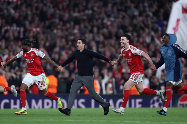 London, England, 5th May 2026. Mikel Arteta manager of Arsenal celebrates with Noni Madueke (L), Declan Rice (2nd R) and Eberechi Eze of Arsenal after the Arsenal vs Atletico Madrid UEFA Champions League match at the Emirates Stadium, London. Picture credit should read: David Klein Sportimage EDITORIAL USE ONLY. No use with unauthorised audio, video, data, fixture lists, club league logos or live services. Online in-match use limited to 120 images, no video emulation. No use in betting, games or single club league player publications. SPI_162_DK_Arsenal_Athletico_Madrid SPI-4781-0162