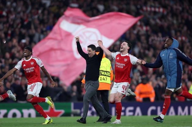 London, England, 5th May 2026. Mikel Arteta manager of Arsenal celebrates with Noni Madueke (L), Declan Rice (2nd R) and Eberechi Eze of Arsenal after the Arsenal vs Atletico Madrid UEFA Champions League match at the Emirates Stadium, London. Picture credit should read: David Klein Sportimage EDITORIAL USE ONLY. No use with unauthorised audio, video, data, fixture lists, club league logos or live services. Online in-match use limited to 120 images, no video emulation. No use in betting, games or single club league player publications. SPI_169_DK_Arsenal_Athletico_Madrid SPI-4781-0169