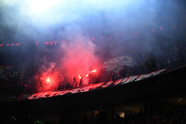 06 05 2026, xemx, Football UEFA Champions League 1 2 Final, FC Bayern Muenchen Paris St Germain v l Fans, Spectators, Jerseys, Mood, Emotions Paris to end Pyrotechnics, Benglos, Smoke, Fog, Fireworks DFL DFB REGULATIONS PROHIBIT ANY USE OF PHOTOGRAPHS as IMAGE SEQUENCES and or QUASI VIDEO Muenchen