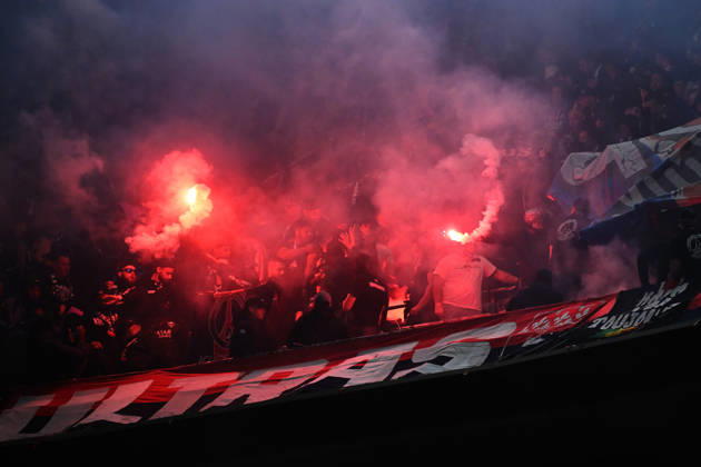 06 05 2026, xemx, Football UEFA Champions League 1 2 Final, FC Bayern Muenchen Paris St Germain v l Fans, Spectators, Jerseys, Mood, Emotions Paris to end Pyrotechnics, Benglos, Smoke, Fog, Fireworks DFL DFB REGULATIONS PROHIBIT ANY USE OF PHOTOGRAPHS as IMAGE SEQUENCES and or QUASI VIDEO Muenchen