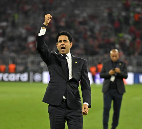 06 05 2026, Football UEFA Championsleague 2025 2026 semi-final second leg, FC Bayern Munich Paris St Germain, at Allianz Arena Munich, Nasser Ghanim Al Khelaifi Paris celebrates after the match DFL and DFB regulations prohibit any use of photographs as image sequences and or quasi video