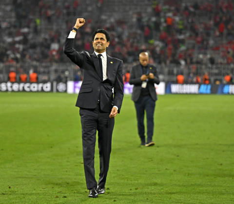 06 05 2026, Football UEFA Championsleague 2025 2026 semi-final second leg, FC Bayern Munich Paris St Germain, at Allianz Arena Munich, Nasser Ghanim Al Khelaifi Paris celebrates after the match DFL and DFB regulations prohibit any use of photographs as image sequences and or quasi video