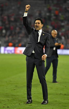 06 05 2026, Football UEFA Championsleague 2025 2026 semi-final second leg, FC Bayern Munich Paris St Germain, at Allianz Arena Munich, Nasser Ghanim Al Khelaifi Paris celebrates after the match DFL and DFB regulations prohibit any use of photographs as image sequences and or quasi video