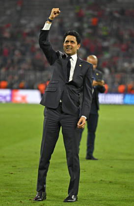 06 05 2026, Football UEFA Championsleague 2025 2026 semi-final second leg, FC Bayern Munich Paris St Germain, at Allianz Arena Munich, Nasser Ghanim Al Khelaifi Paris celebrates after the match DFL and DFB regulations prohibit any use of photographs as image sequences and or quasi video