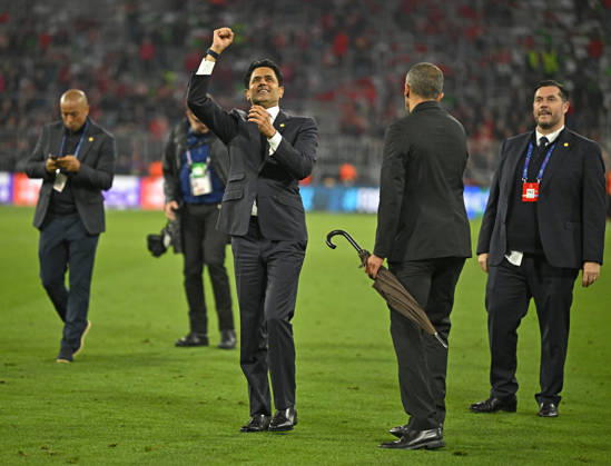 06 05 2026, Football UEFA Championsleague 2025 2026 semi-final second leg, FC Bayern Munich Paris St Germain, at Allianz Arena Munich, Nasser Ghanim Al Khelaifi Paris celebrates after the match DFL and DFB regulations prohibit any use of photographs as image sequences and or quasi video
