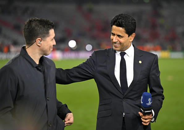 06 05 2026, Football UEFA Championsleague 2025 2026 semi-final second leg, FC Bayern Munich Paris St Germain, at Allianz Arena Munich, Nasser Ghanim Al Khelaifi re, Paris DFL and DFB regulations prohibit any use of photographs as image sequences and or quasi video