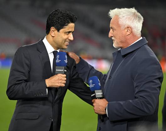 06 05 2026, Football UEFA Championsleague 2025 2026 semi-final second leg, FC Bayern Munich Paris St Germain, at Allianz Arena Munich, Nasser Ghanim Al Khelaifi li, Paris and David Ginolo France DFL and DFB regulations prohibit any use of photographs as image sequences and or quasi video