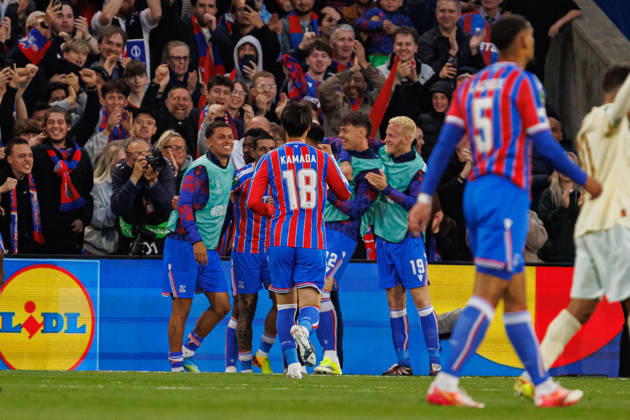 Players of Crystal Palace seen celebrating after goal during UEFA Conference League 25 26 Semi Final 2nd leg match between teams of Crystal Palace and Shakhtar Donetsk (Ernest Kolodziej Ball Raw Images) London Selhurst Park England Copyright: xErnestxKolodziejx ernestkolodziej_crystal_shakhtar_2526_OL_3797