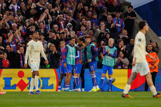 Players of Crystal Palace seen celebrating after goal during UEFA Conference League 25 26 Semi Final 2nd leg match between teams of Crystal Palace and Shakhtar Donetsk (Ernest Kolodziej Ball Raw Images) London Selhurst Park England Copyright: xErnestxKolodziejx ernestkolodziej_crystal_shakhtar_2526_OL_3811