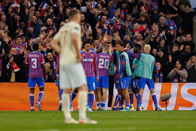 Players of Crystal Palace seen celebrating after goal during UEFA Conference League 25 26 Semi Final 2nd leg match between teams of Crystal Palace and Shakhtar Donetsk (Ernest Kolodziej Ball Raw Images) London Selhurst Park England Copyright: xErnestxKolodziejx ernestkolodziej_crystal_shakhtar_2526_OL_3826
