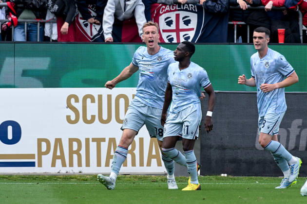 Udinese s Adam Buksa celebrates after scoring the goal for 0-1 during the Serie A soccer match between Cagliari Calcio and Udinese at the Unipol Domus in Cagliari, Sardinia - Saturday 9th May. - Soccer Copyright: xGianlucaxZuddas LaPressex