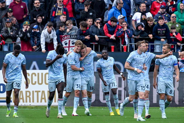 Udinese s Adam Buksa celebrates after scoring the goal for 0-1 during the Serie A soccer match between Cagliari Calcio and Udinese at the Unipol Domus in Cagliari, Sardinia - Saturday 9th May. - Soccer Copyright: xGianlucaxZuddas LaPressex