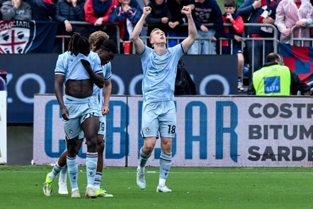 Udinese s Adam Buksa celebrates after scoring the goal for 0-1 during the Serie A soccer match between Cagliari Calcio and Udinese at the Unipol Domus in Cagliari, Sardinia - Saturday 9th May. - Soccer Copyright: xGianlucaxZuddas LaPressex