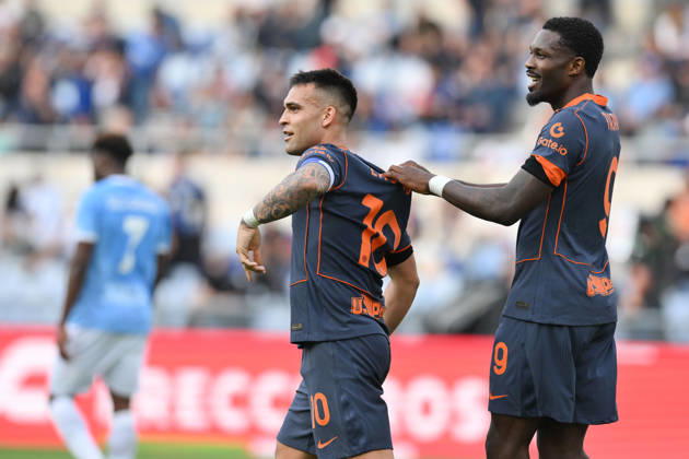 IPA84541612 - Lautaro Martinez of FC Inter and Marcus Thuram of FC Inter celebrate after the 0-2 goal during the match of 38th day of the Serie A Championship between S.S. Lazio and F.C. Inter at the Olimpico Stadium on May 9, 2026 in Rome, Italy. during SS Lazio vs Inter - FC Internazionale, Italian soccer Serie A match in Rome, Italy, May 09 2026 Copyright: xRobertoxRamaccia IPAxSportx xx 84541612