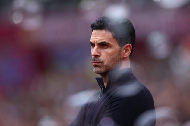 London, England, 10th May 2026. Mikel Arteta, Manager of Arsenal looks through the bubbles during the West Ham United vs Arsenal Premier League match at the London Stadium, London. Picture credit should read: Paul Terry Sportimage EDITORIAL USE ONLY. No use with unauthorised audio, video, data, fixture lists, club league logos or live services. Online in-match use limited to 120 images, no video emulation. No use in betting, games or single club league player publications. SPI_010_PT_West_Ham_Arsenal SPI-4793-0010
