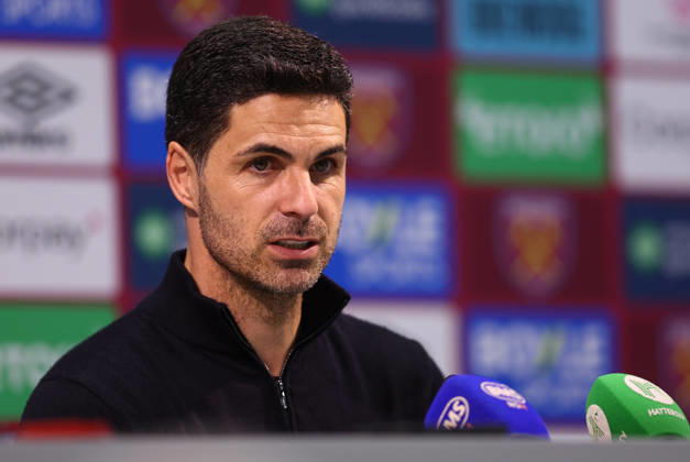 London, England, 10th May 2026. Mikel Arteta, Manager of Arsenal talks in a press conference, PK, Pressekonferenz after the West Ham United vs Arsenal Premier League match at the London Stadium, London. Picture credit should read: Paul Terry Sportimage EDITORIAL USE ONLY. No use with unauthorised audio, video, data, fixture lists, club league logos or live services. Online in-match use limited to 120 images, no video emulation. No use in betting, games or single club league player publications. SPI_088_PT_West_Ham_Arsenal SPI-4793-0088
