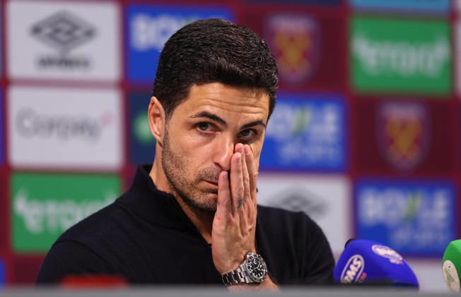 London, England, 10th May 2026. Mikel Arteta, Manager of Arsenal talks in a press conference, PK, Pressekonferenz after the West Ham United vs Arsenal Premier League match at the London Stadium, London. Picture credit should read: Paul Terry Sportimage EDITORIAL USE ONLY. No use with unauthorised audio, video, data, fixture lists, club league logos or live services. Online in-match use limited to 120 images, no video emulation. No use in betting, games or single club league player publications. SPI_089_PT_West_Ham_Arsenal SPI-4793-0089