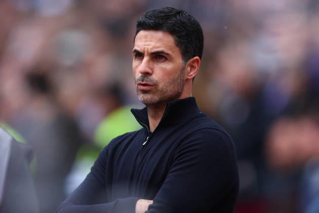 London, England, 10th May 2026. Mikel Arteta, Manager of Arsenal during the West Ham United vs Arsenal Premier League match at the London Stadium, London. Picture credit should read: Paul Terry Sportimage EDITORIAL USE ONLY. No use with unauthorised audio, video, data, fixture lists, club league logos or live services. Online in-match use limited to 120 images, no video emulation. No use in betting, games or single club league player publications. SPI_121_PT_West_Ham_Arsenal SPI-4793-0121
