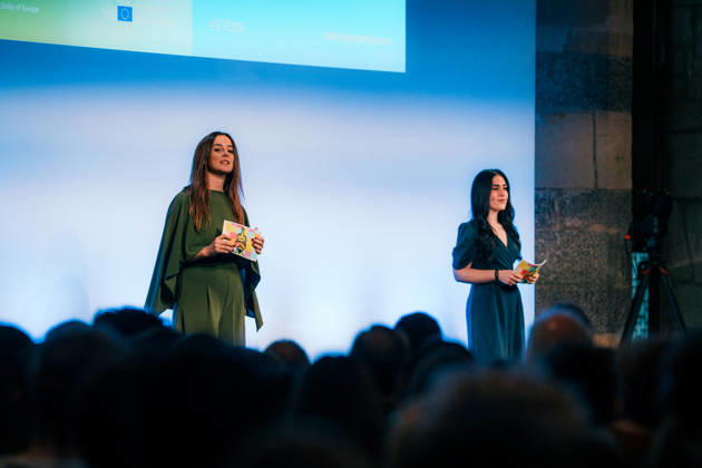 Germany, Aachen Presentation of the Charlemagne Youth Prize in the Coronation Hall in the Town Hall, supporting program Charlemagne Prize 2026 Award to Mario Draghi, presenters Emma Neugebauer and Martina Monti, former winners of the Charlemagne Youth Prize, open the event Copyright: xThiemoxRudolphx