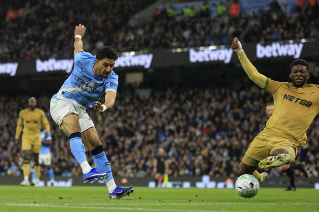 Manchester City v Crystal Palace, Premier League GOAL.Omar Marmoush (7) of Manchester City scores to make it 2-0 during the Premier League match between Manchester City and Crystal Palace at the Etihad Stadium, Manchester, UK on 13 May 2026. Manchester Etihad Stadium Manchester UK Editorial use only DataCo restrictions apply See www.football-dataco.com , Copyright: xConorxMolloyx PSI-24240-0038