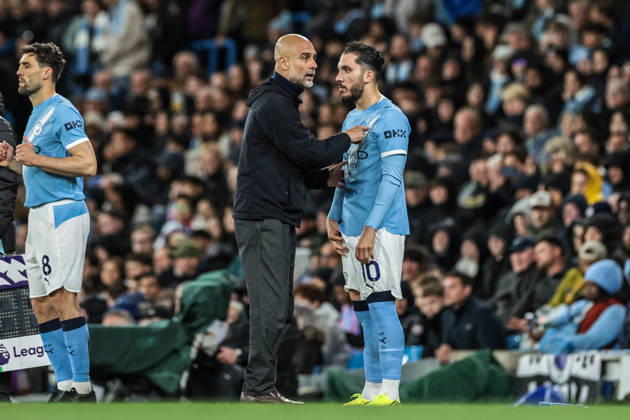 Premier League: Manchester City v Crystal Palace Josep Guardiola manager of Manchester City gives instructions to Rayan Cherki of Manchester City as he is substituted on during the Premier League match Manchester City vs Crystal Palace at Etihad Stadium, Manchester, United Kingdom on 13 May 2026 (Photo by Mark Cosgrove News Images) Manchester Etihad Stadium Greater Manchester United, ManU Kingdom Copyright: xMarkxCosgrove NewsxImagesx
