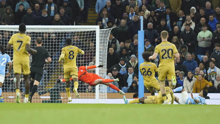 Manchester, England, 13th May 2026. Savinho of Manchester City (r) scoring their third goal during the Manchester City vs Crystal Palace Premier League match at the Etihad Stadium, Manchester. Picture credit should read: Andrew Yates Sportimage EDITORIAL USE ONLY. No use with unauthorised audio, video, data, fixture lists, club league logos or live services. Online in-match use limited to 120 images, no video emulation. No use in betting, games or single club league player publications. SPI_056_AY_Man_City_Palace SPI-4799-0054