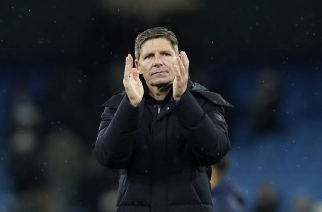 Manchester, England, 13th May 2026. Oliver Glasner manager of Crystal Palace claps the fans during the Manchester City vs Crystal Palace Premier League match at the Etihad Stadium, Manchester. Picture credit should read: Andrew Yates Sportimage EDITORIAL USE ONLY. No use with unauthorised audio, video, data, fixture lists, club league logos or live services. Online in-match use limited to 120 images, no video emulation. No use in betting, games or single club league player publications. SPI_059_AY_Man_City_Palace SPI-4799-0057