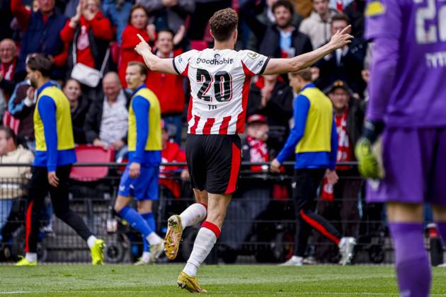 Guus Til of PSV Eindhoven celebrates after scoring his teams fourth goal PSV Eindhoven v FC Twente, Eredivisie, PSV v FC Twente 65, Philips Stadion, May 17, 2026, Eindhoven, Netherlands.