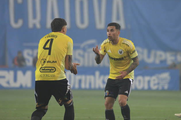 May 17, 2026, Craiova, Romania, Superliga Season 2025-2026, Play-Off, Stage 9, Universitatea Craiova vs FC Universitatea Cluj, Ion Oblemenco stadium, Craiova, Romania 94 Ovidiu Bic and 4 Andrei Coubis fight after recieving a goal