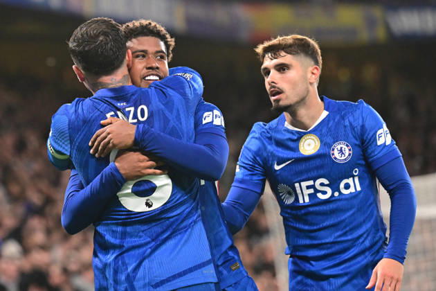 Chelsea v Tottenham Hotspur, Premier League GOAL Chelsea midfielder Andrey Santos (17) scores a goal and celebrates with Chelsea midfielder Enzo Fernandez (8) and Chelsea forward Pedro Neto (7) 2-0 during the Premier League match between Chelsea and Tottenham Hotspur at Stamford Bridge, London, UK on 19 May 2026. London Stamford Bridge Greater London UK Editorial use only DataCo restrictions apply See www.football-dataco.com , Copyright: xDennisxGoodwinx PSI-24269-0057