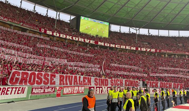 23 05 2026, Football DFB Cup 2025 2026, Final, FC Bayern Munich VfB Stuttgart, at the Olympiastadion Berlin Protest of Bayern fans DFL and DFB regulations prohibit any use of photographs as image sequences and or quasi video