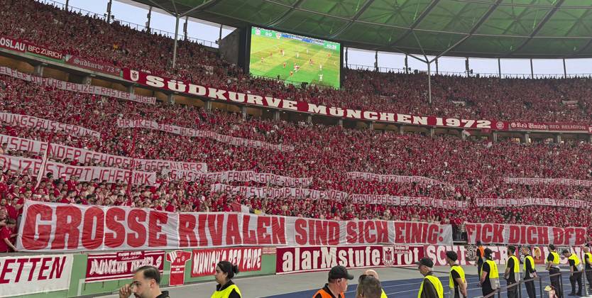 23 05 2026, Football DFB Cup 2025 2026, Final, FC Bayern Munich VfB Stuttgart, at the Olympiastadion Berlin Protest of Bayern fans DFL and DFB regulations prohibit any use of photographs as image sequences and or quasi video
