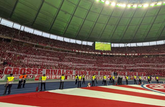 23 05 2026, Football DFB Cup 2025 2026, Final, FC Bayern Munich VfB Stuttgart, at the Olympiastadion Berlin Protest of Bayern fans DFL and DFB regulations prohibit any use of photographs as image sequences and or quasi video