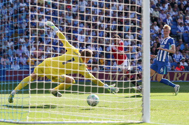 Brighton and Hove, England, 24th May 2026. Bruno Fernandes of Manchester United, ManU scoring his sides third goal during the Brighton and Hove Albion vs Manchester United Premier League match at the AMEX Stadium, Brighton and Hove. Picture credit should read: David Klein Sportimage EDITORIAL USE ONLY. No use with unauthorised audio, video, data, fixture lists, club league logos or live services. Online in-match use limited to 120 images, no video emulation. No use in betting, games or single club league player publications. SPI_001_DK_Brighton_Man_Utd SPI-4826-0001