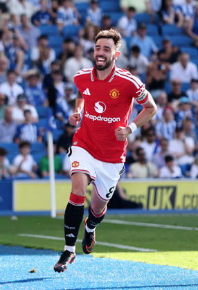 Brighton and Hove, England, 24th May 2026. Bruno Fernandes of Manchester United, ManU celebrates scoring his sides third goal during the Brighton and Hove Albion vs Manchester United Premier League match at the AMEX Stadium, Brighton and Hove. Picture credit should read: David Klein Sportimage EDITORIAL USE ONLY. No use with unauthorised audio, video, data, fixture lists, club league logos or live services. Online in-match use limited to 120 images, no video emulation. No use in betting, games or single club league player publications. SPI_002_DK_Brighton_Man_Utd SPI-4826-0002